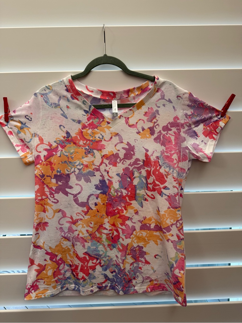 Women’s Whimsy Rose Floral Watercolor V-Neck Tee in Pink & Orange